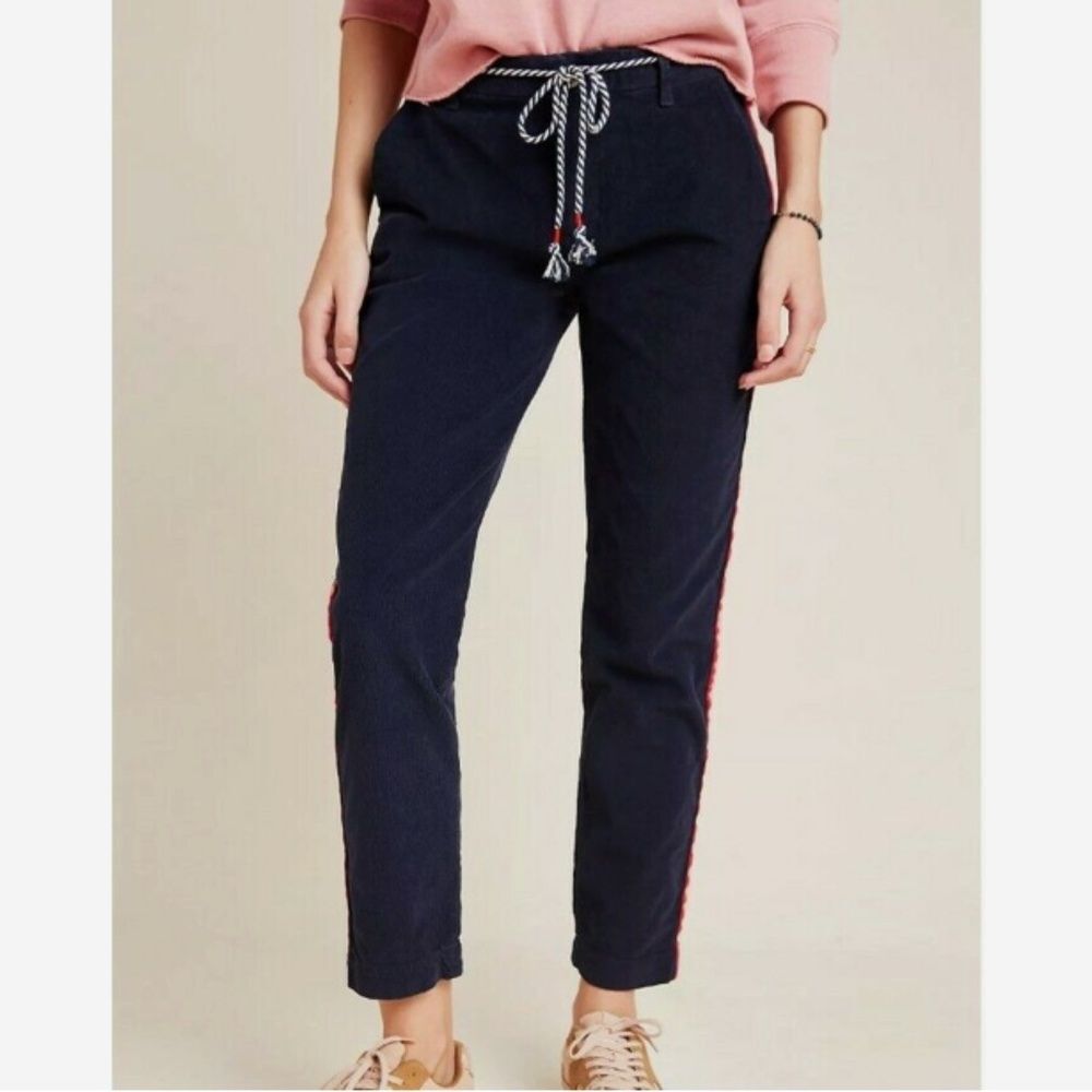 Anthropologie Sundry Navy Blue Corduroy Striped Trimmed Straight Leg Pants sz 25